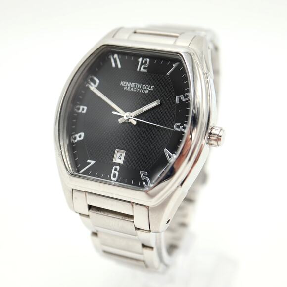 Kenneth Cole Mens Silver Tone Barrel Watch 40mm Date Black Dial w New Battery - Picture 1 of 13